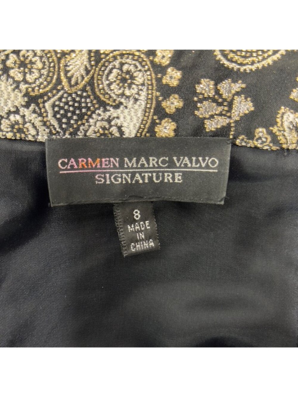 CARMEN MARC VALVO SIGNATURE Womens Skirt Black Gold Sequined Brocade Pencil Sz 8 - Picture 9 of 12